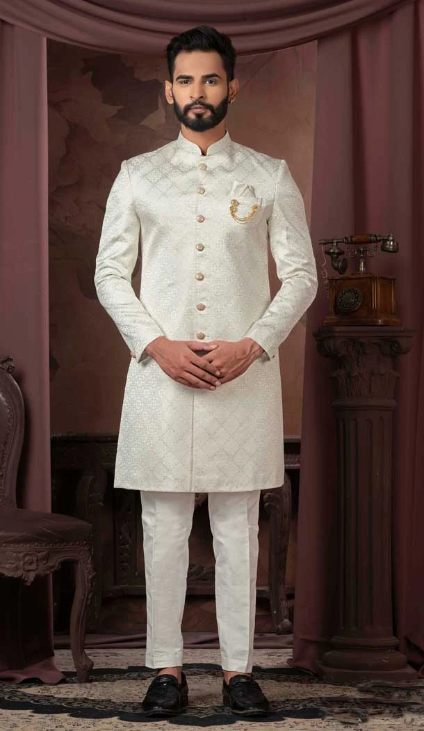 Cream Jacquard Resham Work Readymade Men Wedding Wear Sherwani - 11470201161