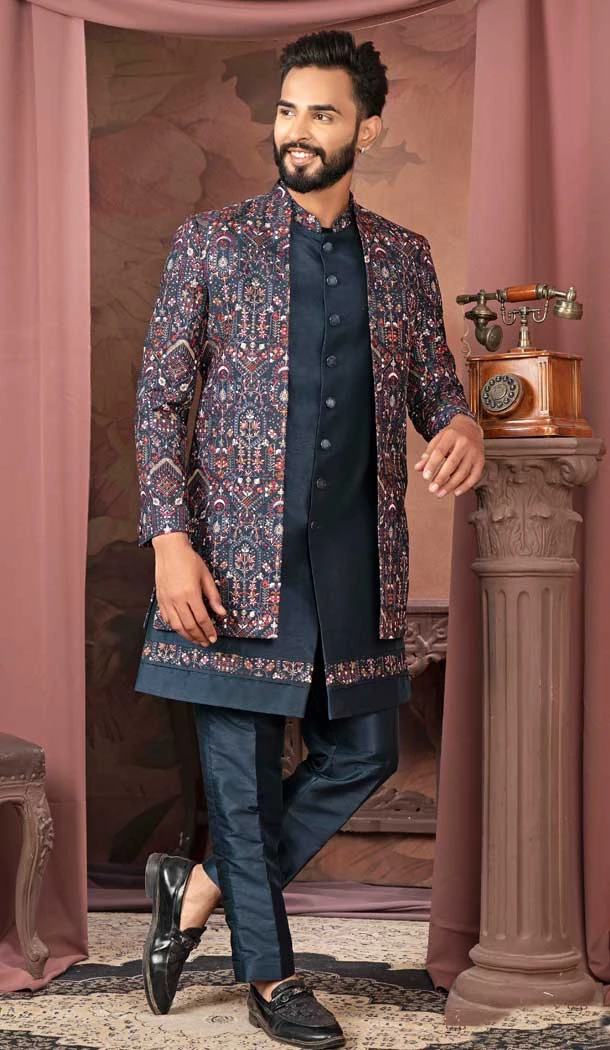 Navy Blue Silk Resham Work Readymade Men Wedding Wear Sherwani - 11470201162