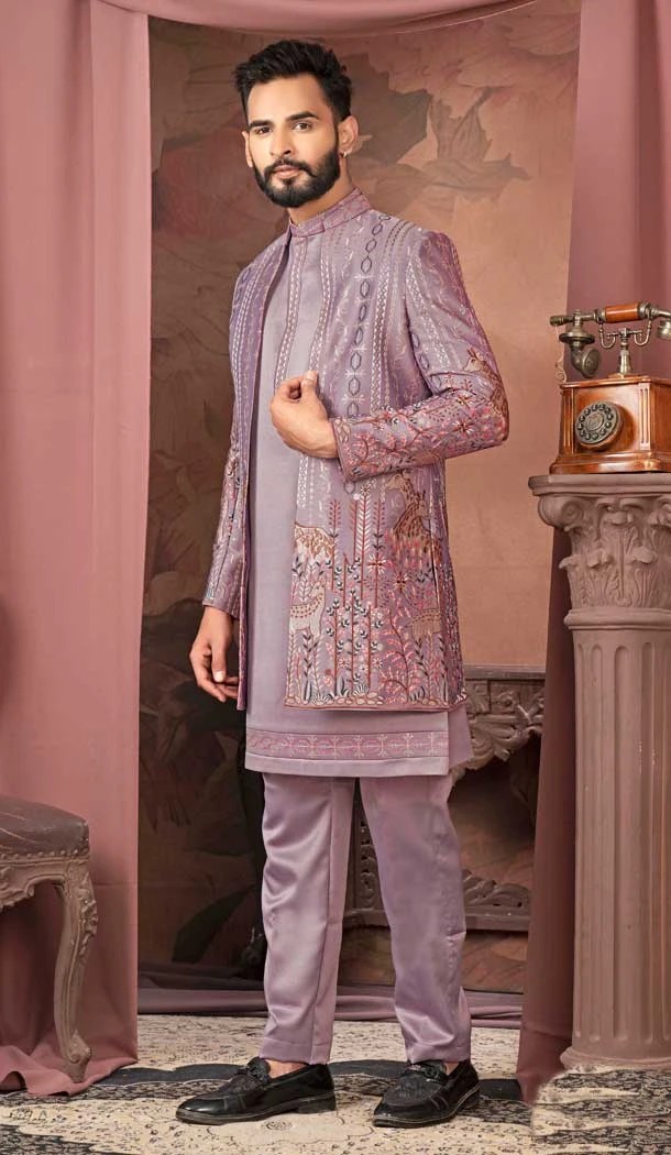 Pinkish Violet Satin Resham Work Readymade Men Wedding Wear Sherwani - 11470201163