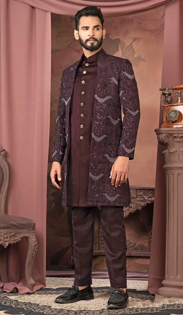 Silk Resham Work Readymade Men Wedding Wear Sherwani In Wine - 11470201164