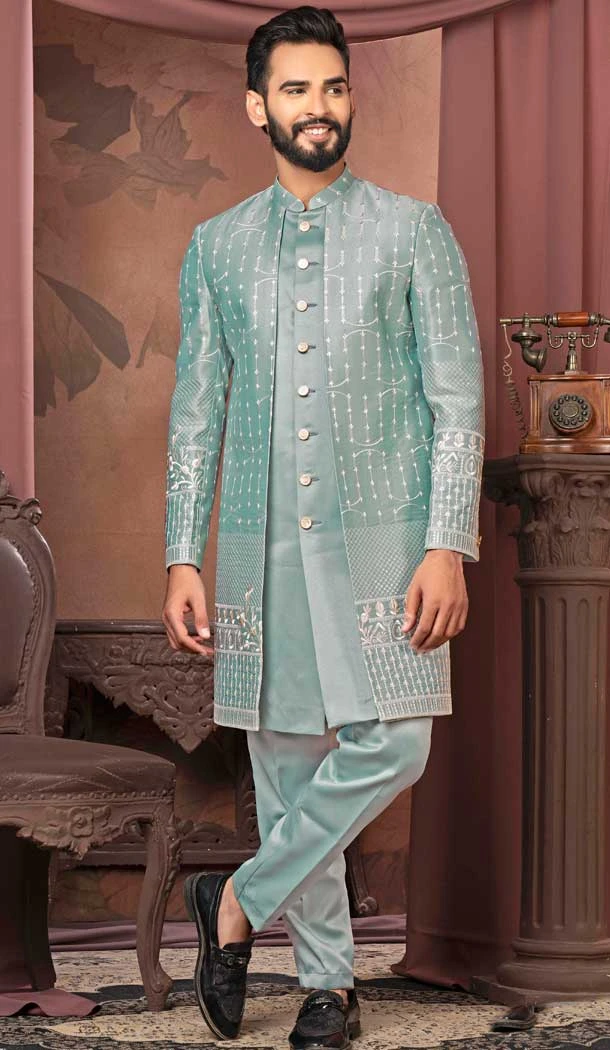 Sky Blue Satin Resham Work Readymade Men Wedding Wear Sherwani - 11470201165