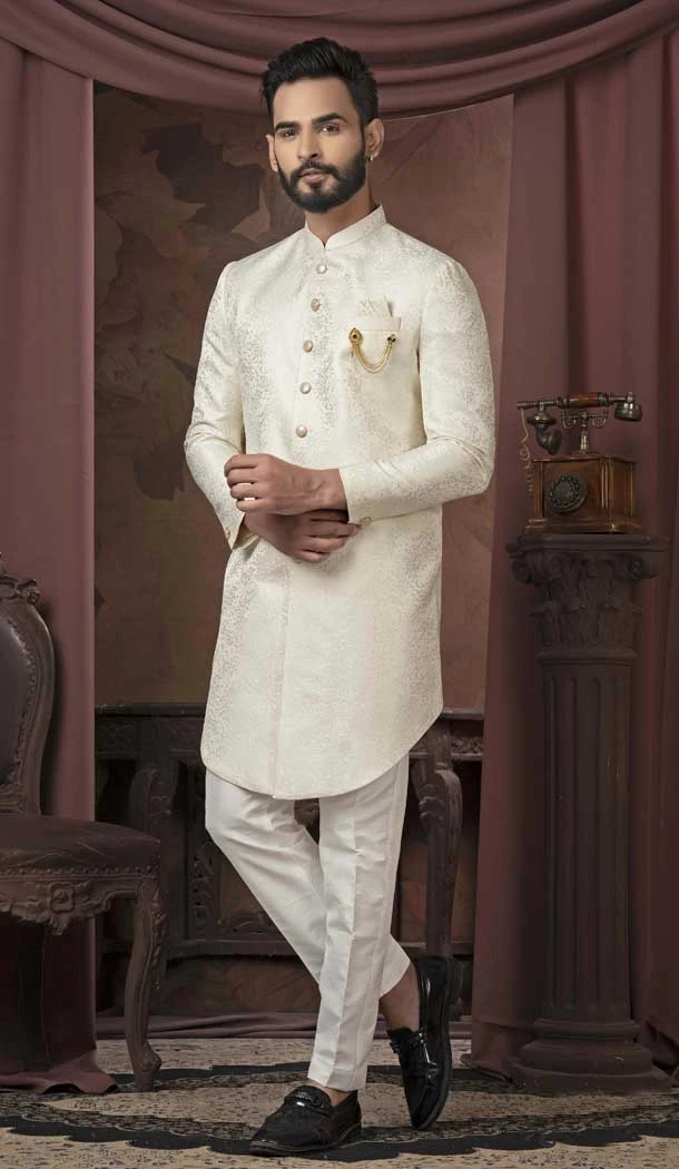Cream Jacquard Sequins Work Readymade Men Wedding Wear Sherwani - 11470201166