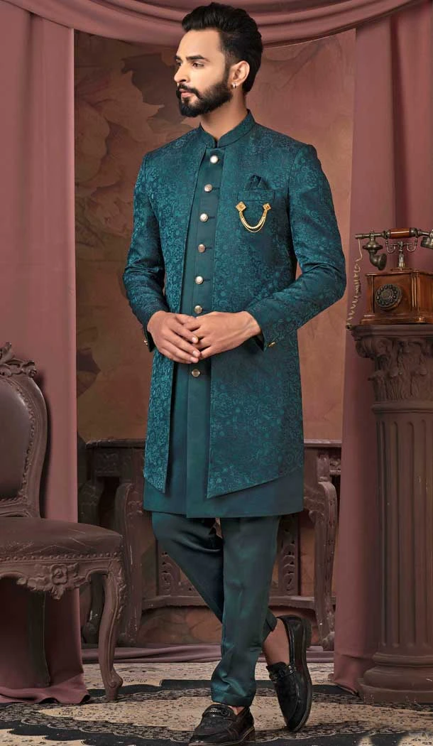 Peacock Jacquard Sequins Work Readymade Men Wedding Wear Sherwani - 11470201167