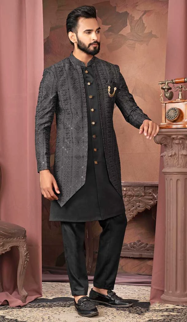 Grey Silk Sequins Work Readymade Men Wedding Wear Sherwani - 11470201169