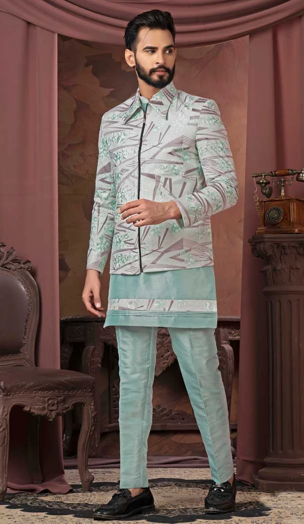 Sea Blue Silk Sequins Work Readymade Men Wedding Wear Sherwani - 11470201170