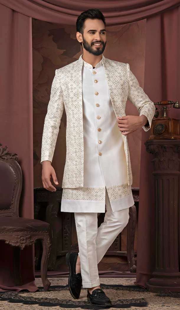 Cream Silk Sequins Work Readymade Men Wedding Wear Sherwani - 11470201171