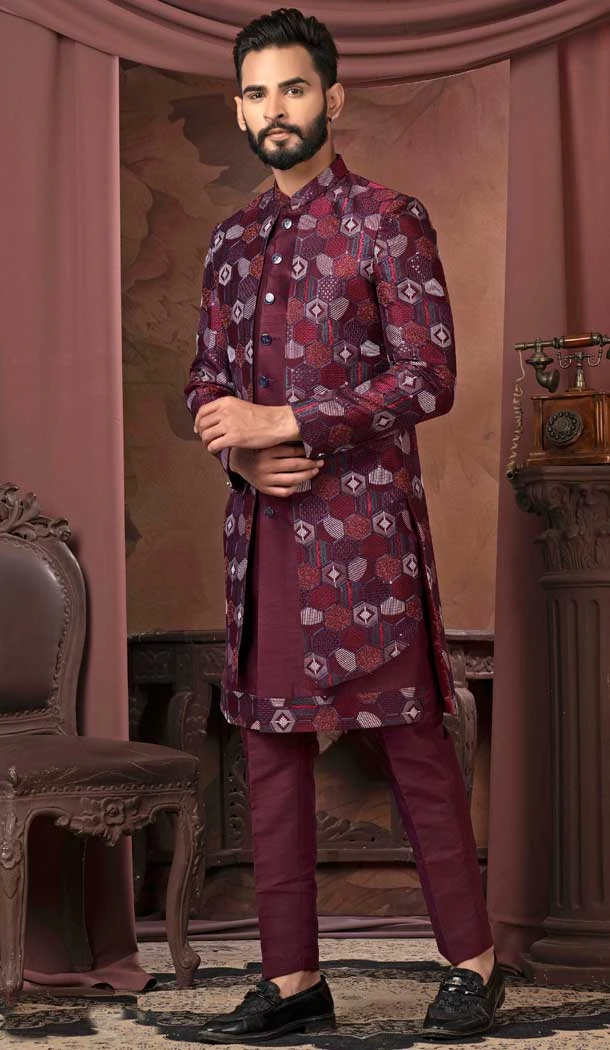 Wine Sequins Work Silk Readymade Men Wedding Wear Sherwani - 11470201172