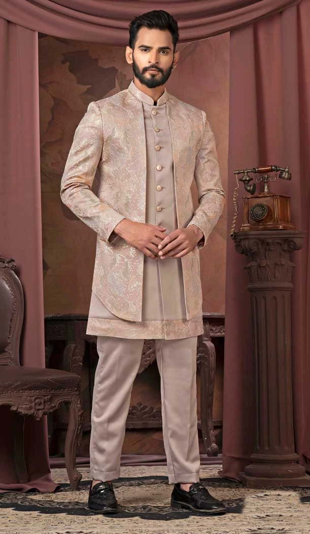 Newish Pink Satin Resham Work Readymade Men Wedding Wear Sherwani - 11470201173