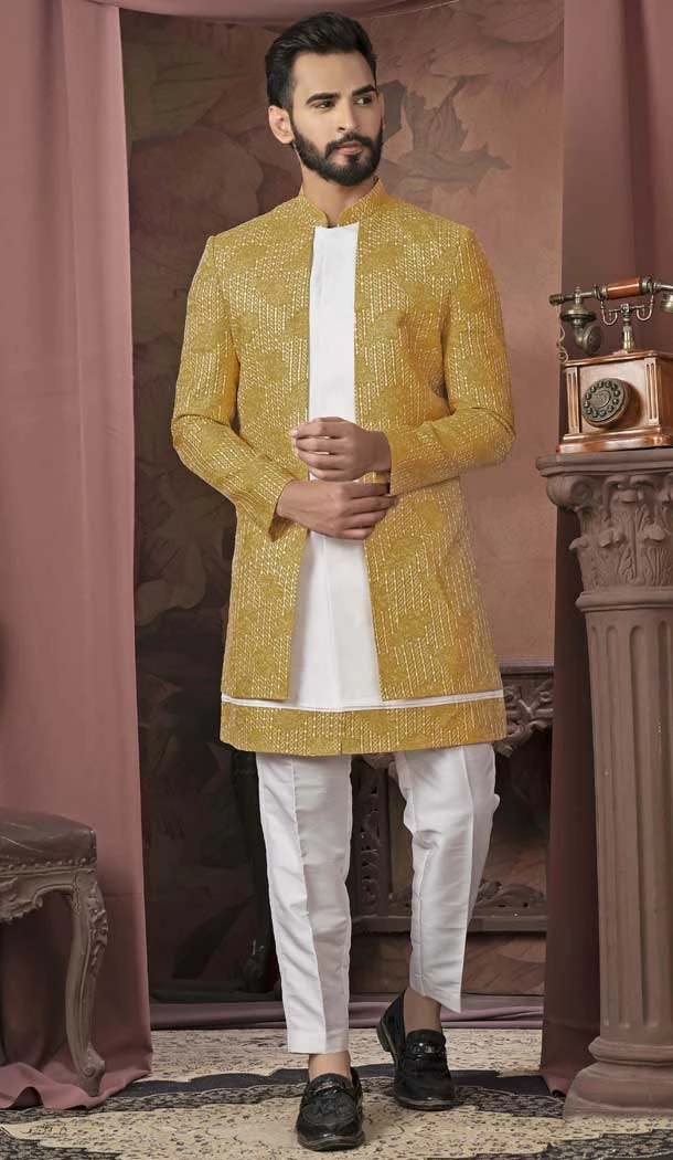 Yellow Silk Sequins Work Readymade Men Wedding Wear Sherwani - 11470201175
