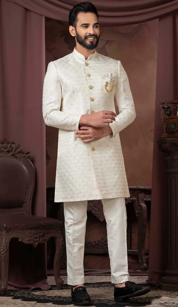 Cream Jacquard Resham Work Readymade Men Wedding Wear Sherwani - 11470201176