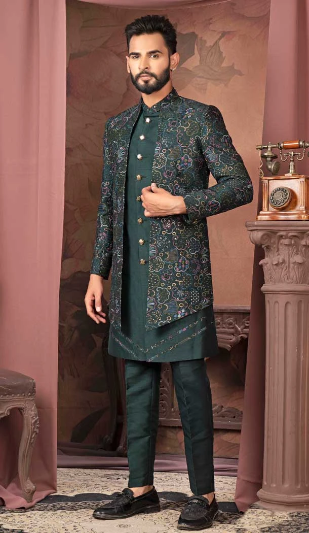 Bottle Green Silk Resham Work Readymade Men Wedding Wear Sherwani - 11470201177