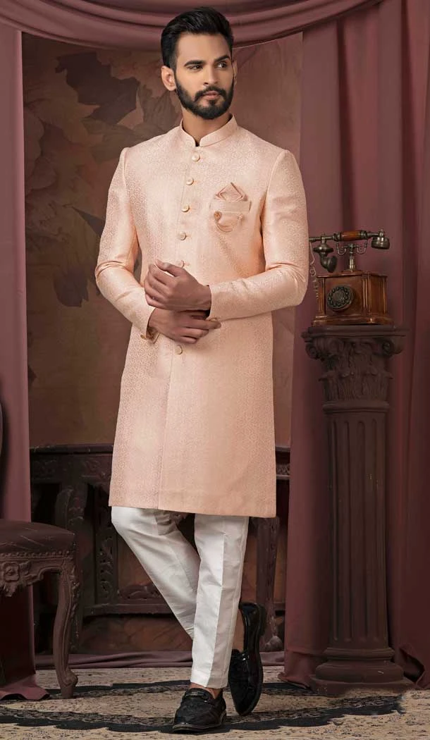 Light Pink Jacquard Sequins Work Readymade Men Wedding Wear Sherwani - 11470201178