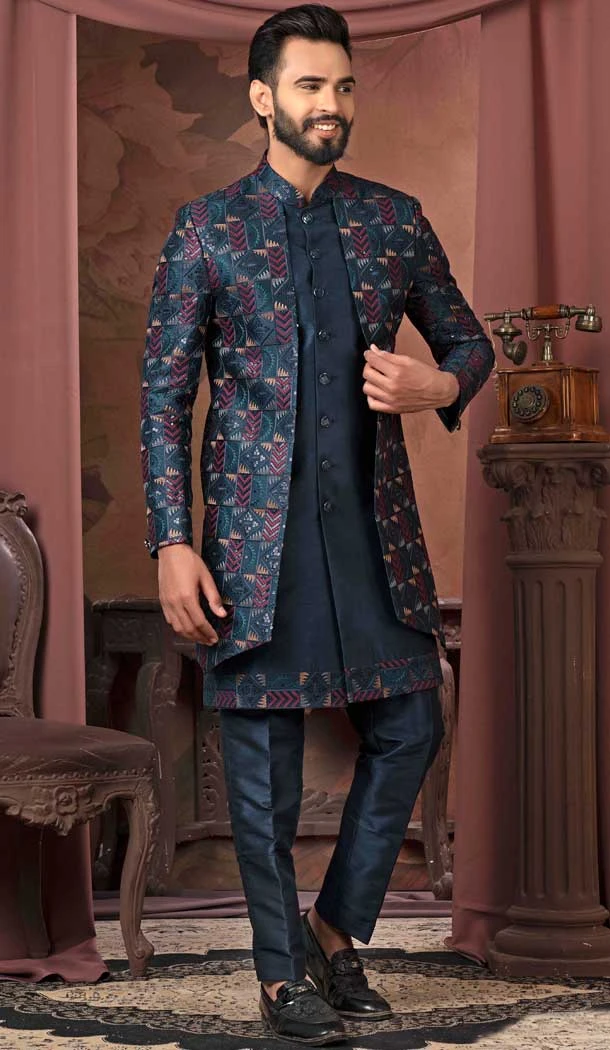 Navy Blue Silk Sequins Work Readymade Men Wedding Wear Sherwani - 11470201179