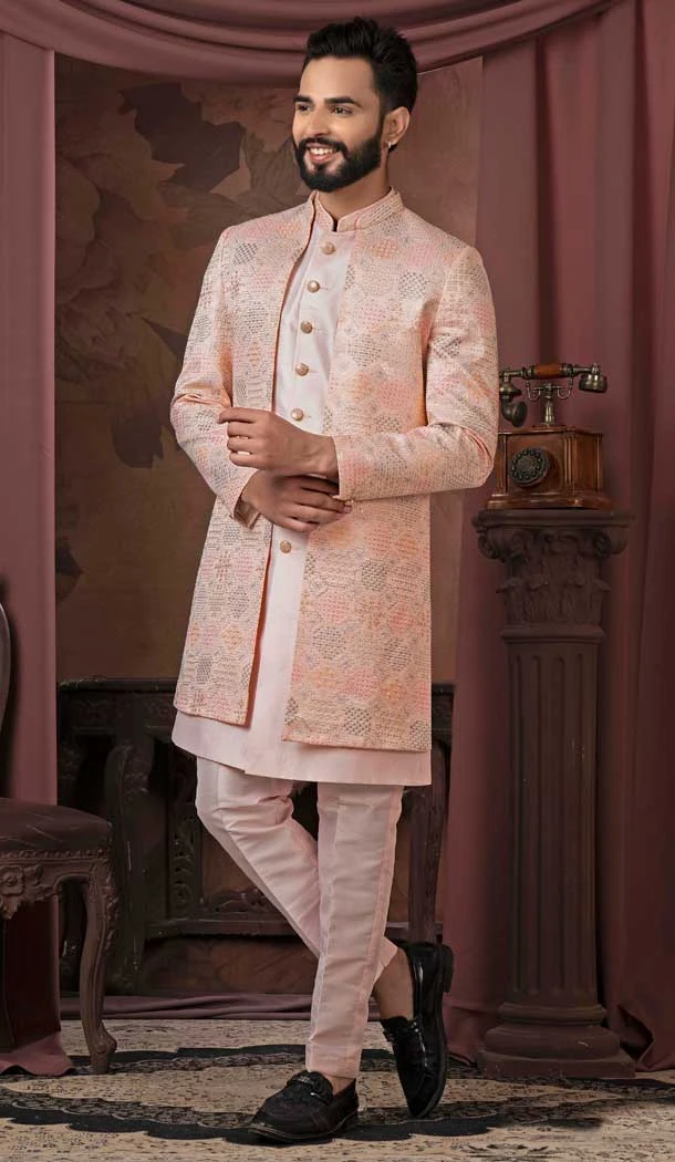 Light Pink Silk Sequins Work Readymade Men Wedding Wear Sherwani - 11470201181