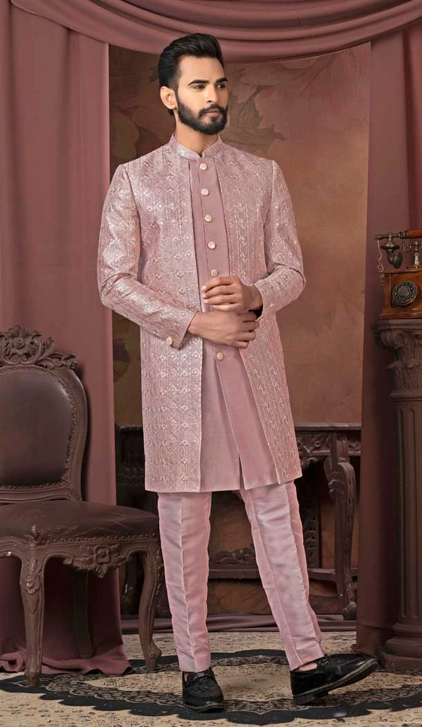 Vilolet Pink Silk Sequins Work Readymade Men Wedding Wear Sherwani - 11470201182