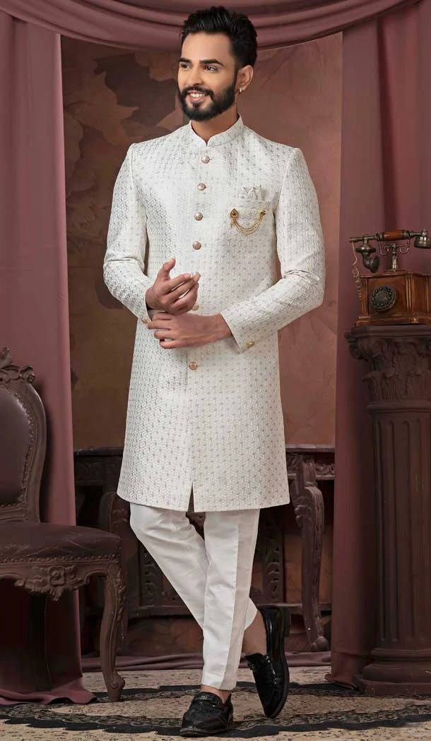 Silk Sequins Work Readymade Men Wedding Wear Sherwani In White - 11470201183