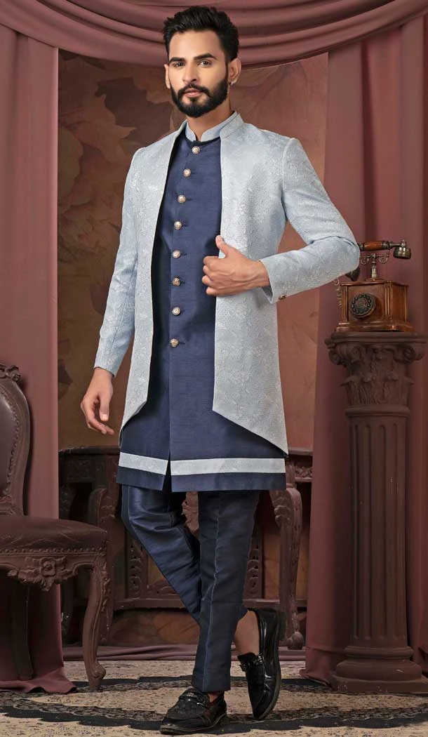 Sky Blue Jacquard Resham Work Readymade Men Wedding Wear Sherwani - 11470201184