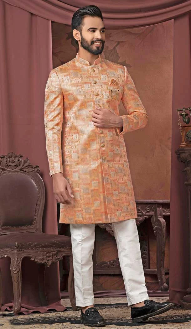 Peach Multi Color Jacquard Sequins Work Readymade Men Wedding Wear Sherwani - 11470201185