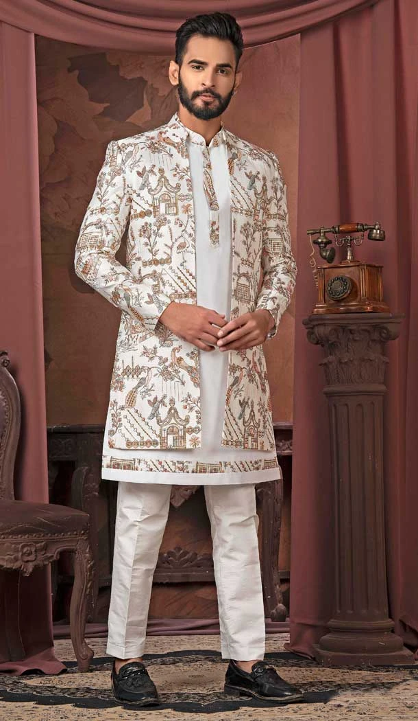 White Silk Sequins Work Designer Readymade Men Wedding Wear Sherwani - 11470201186