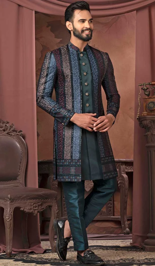 Rama Multi Color Silk Sequins Work Designer Readymade Men Wedding Wear Sherwani - 11470201187