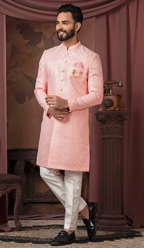 Pink Jacquard Sequins Work Designer Readymade Men Wedding Wear Sherwani - 11470201188