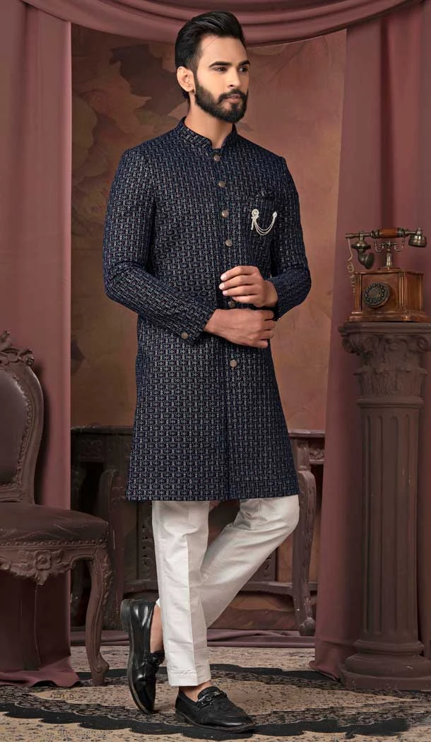 Navy Blue Velvet Sequins Work Designer Readymade Men Wedding Wear Sherwani - 11470201189