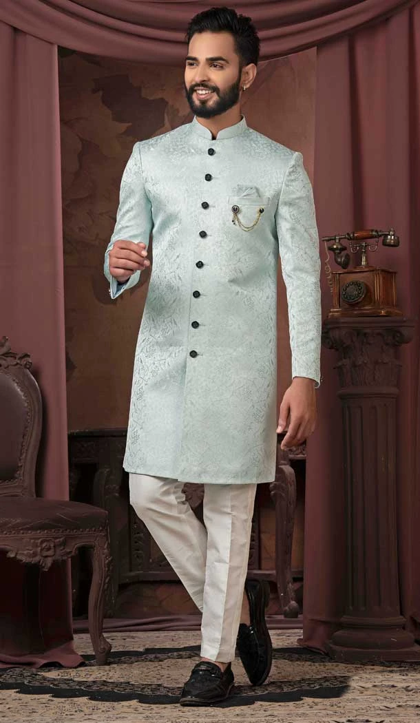 Sky Blue Jacquard Sequins Work Designer Readymade Men Wedding Wear Sherwani - 11470201190