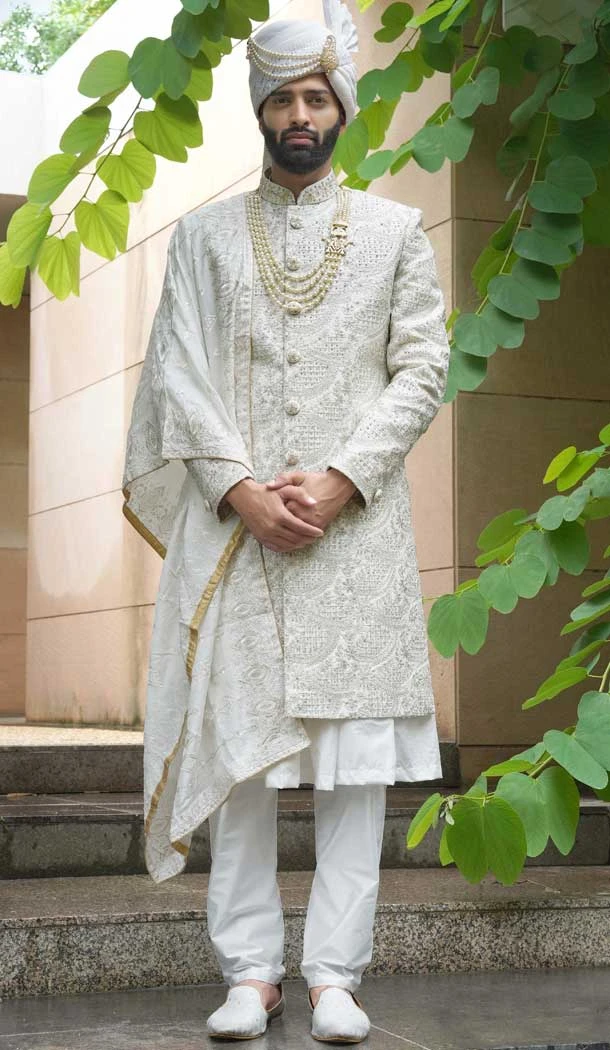 Off White Silk Resham Work Wedding Wear Men Sherwani - 11471201191