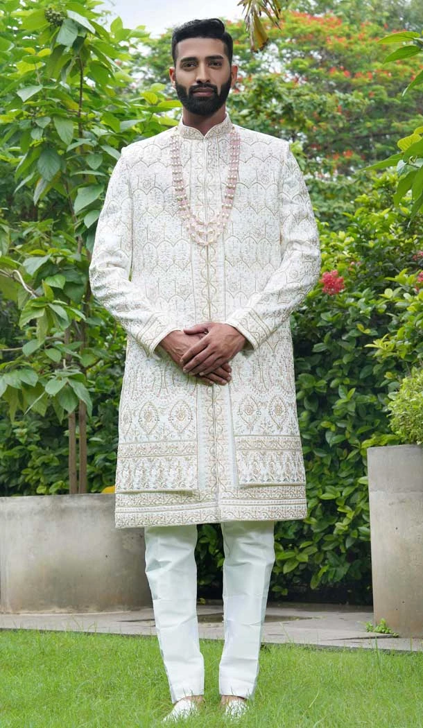 Off White Silk Sequins Work Wedding Wear Men Sherwani - 11471201192