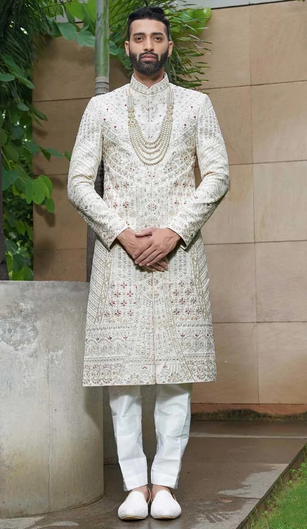 Cream Silk Resham Work Wedding Wear Men Sherwani - 11471201193