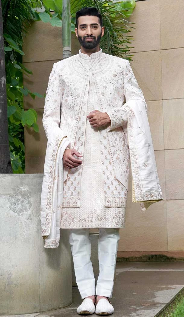 Light Pink Silk Resham Work Wedding Wear Men Sherwani - 11471201194