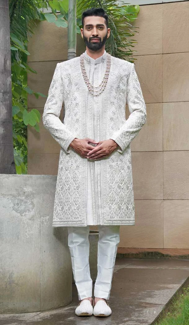 Light Pink Silk Sequins Work Wedding Wear Men Sherwani - 11471201195