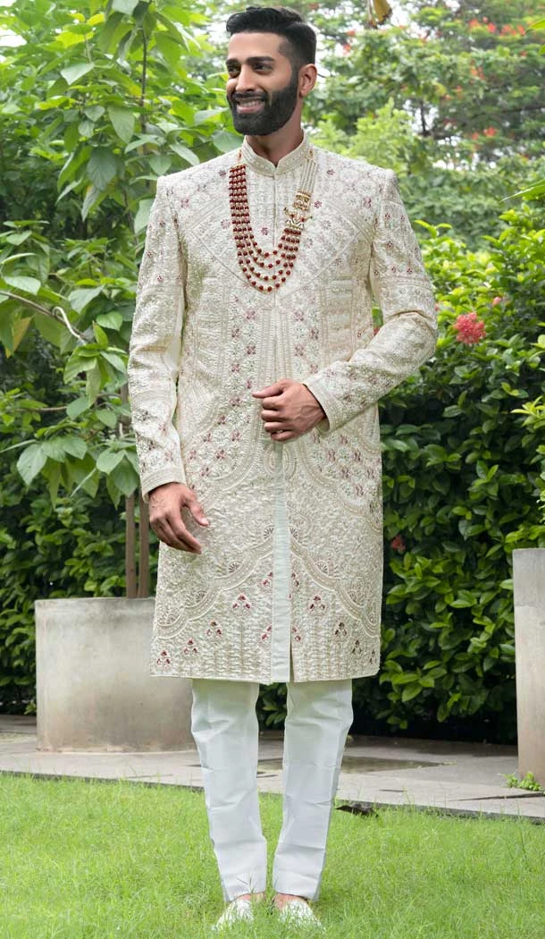 Cream Silk Sequins Work Wedding Wear Men Sherwani - 11471201196