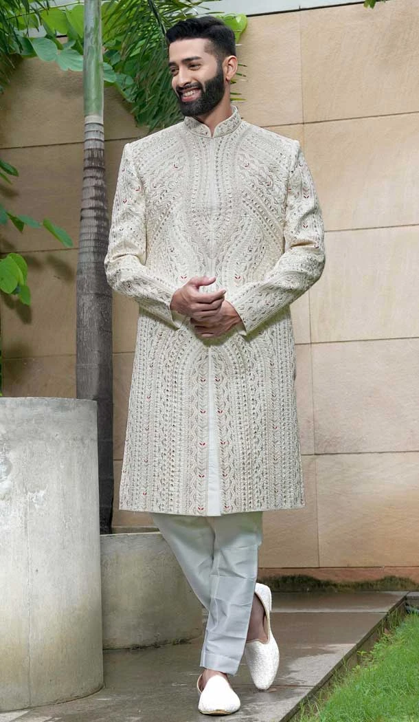 Silk Resham Work Wedding Wear Men Sherwani In Cream - 11471201197