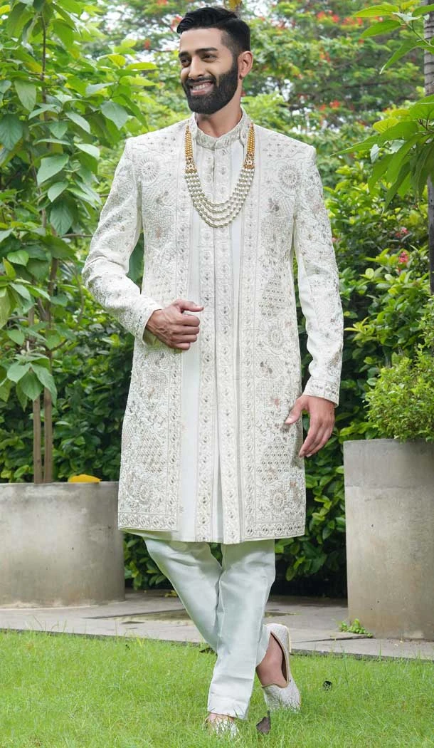 Off White Resham Work Silk Wedding Wear Men Sherwani - 11471201198