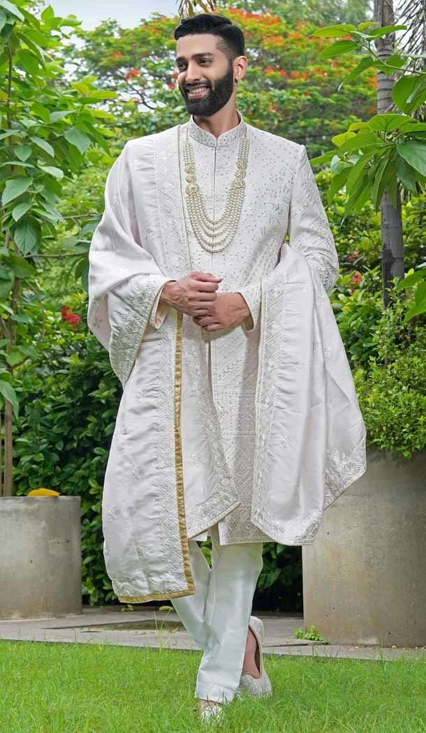 Silk Resham Work Wedding Wear Men Sherwani In Light Pink - 11471201199