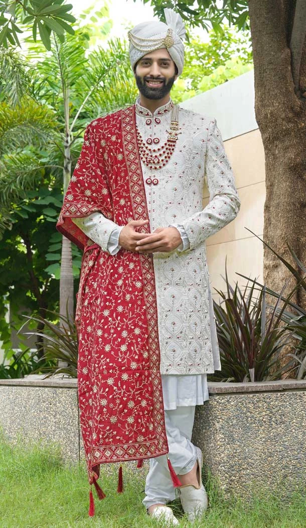Silk Sequins Work Wedding Wear Men Sherwani In Off White - 11471201200