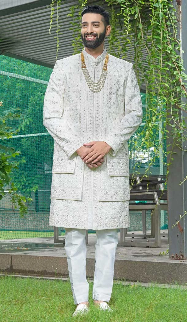 Wedding Wear Off White Silk Sequins Work Men Sherwani - 11471201201