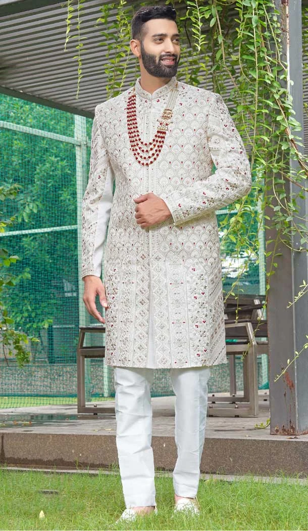 Off White Sequins Work Silk Wedding Wear Men Sherwani - 11471201202