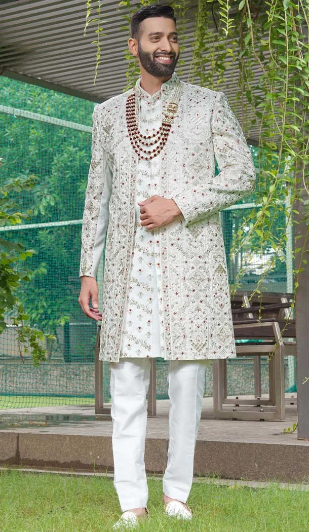 Beautiful Off White Silk Sequins Work Wedding Wear Men Sherwani - 11471201203