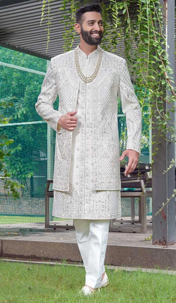 Off White Silk Stone Work Wedding Wear Men Sherwani - 11471201204