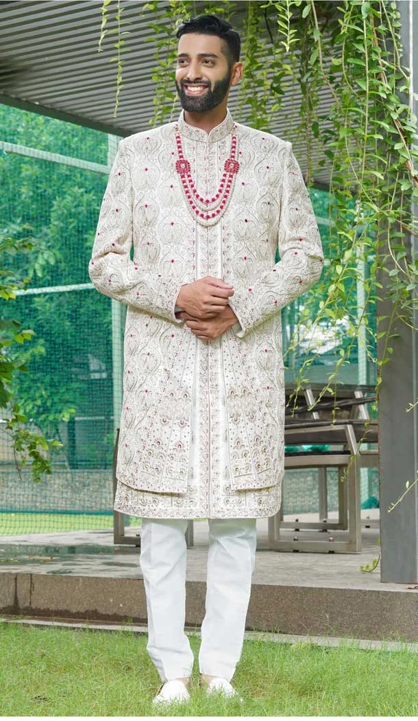 Off White Silk Resham And Stone Work Wedding Wear Men Sherwani - 11471201205