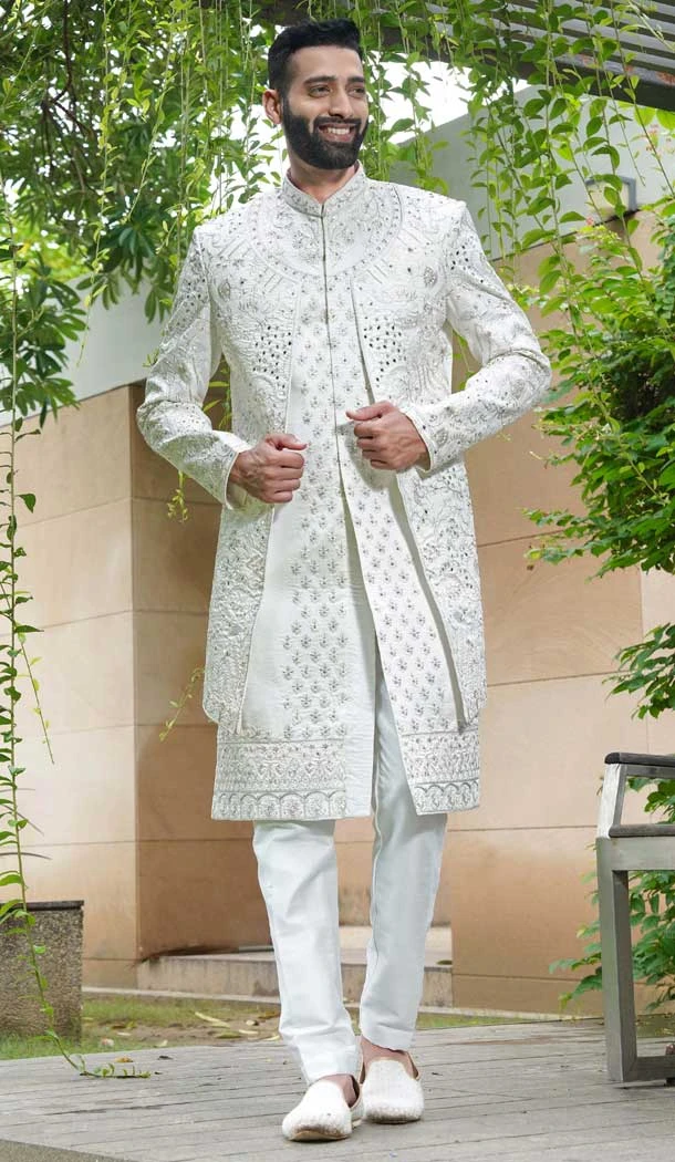 Off White Silk Stone Work Traditional Wedding Wear Men Sherwani - 11471201206