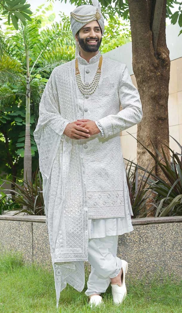 White Silk Embroidery Work Wedding Wear Men Sherwani - 11471201213