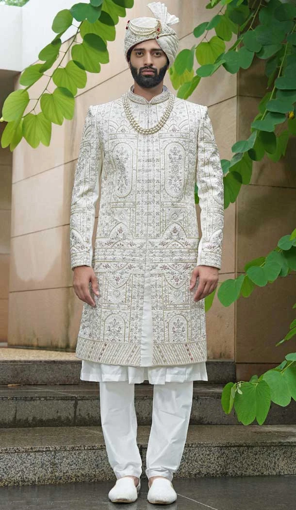 Off White Embroidery Work Silk Wedding Wear Men Sherwani - 11471201218