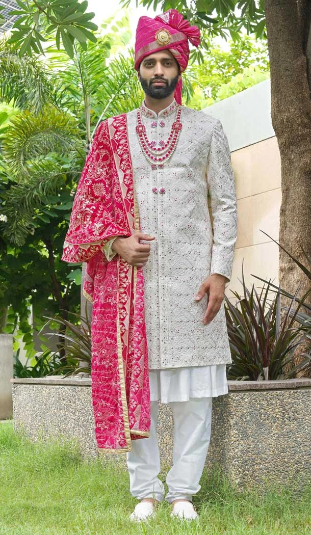 Off White Silk Embroidery Work Wedding Wear Men Sherwani - 11471201220
