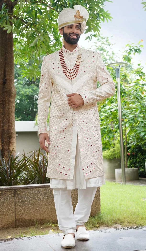 Cream Silk Embroidered Wedding Wear Men Sherwani - 11471201221
