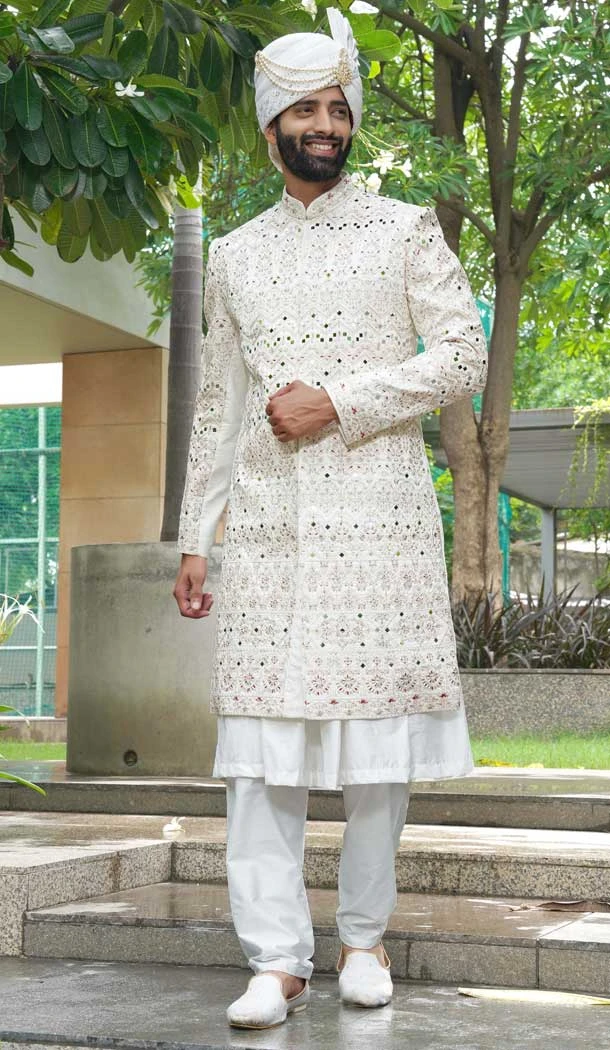 Off White Embroidery Work Silk Wedding Wear Groom Men Sherwani - 11471201227