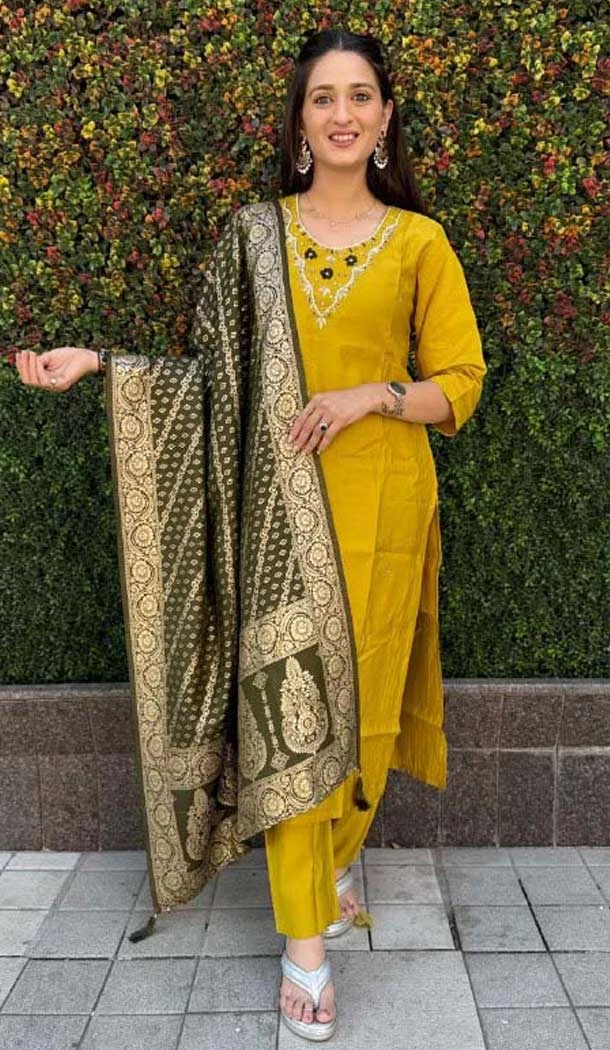 Roman Silk HandWork Party Wear Readymade Salwar Suit In Mustard - 11489201300