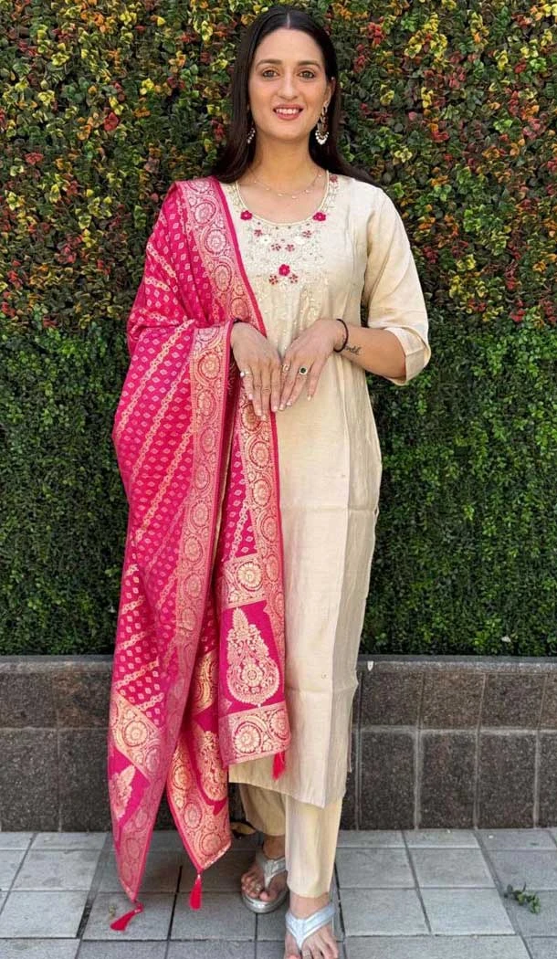 Roman Silk HandWork Party Wear Readymade Salwar Suit In Beige - 11489201301
